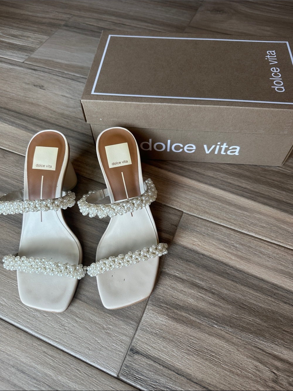 Dolce Vita Ivory Pearl Two-Strap Slide Heels